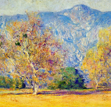 Painting of two sycamore trees in front of a mountain