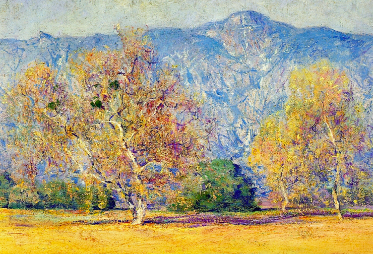Painting of two sycamore trees in front of a mountain