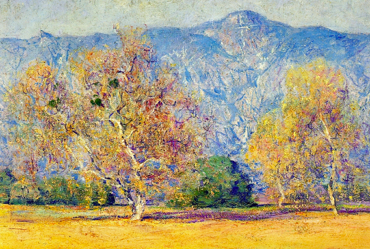 Painting of two sycamore trees in front of a mountain