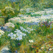 Impressionist painting of the edge of a waterlily filled lake lined with irises