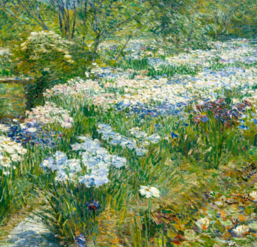 Impressionist painting of the edge of a waterlily filled lake lined with irises