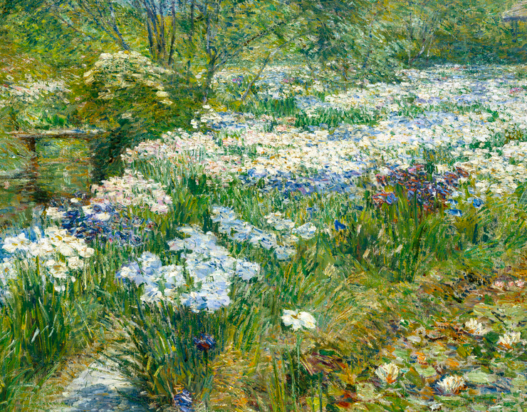 Impressionist painting of the edge of a waterlily filled lake lined with irises