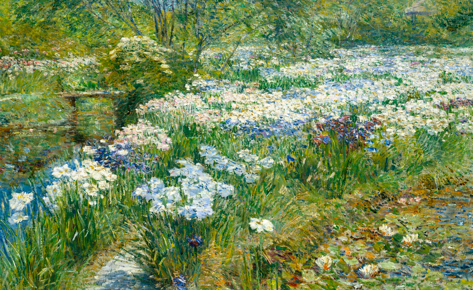 Impressionist painting of the edge of a waterlily filled lake lined with irises