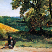 Painting of a traveler sitting on the edge of a dirt road