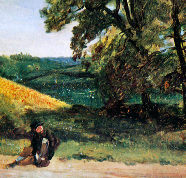 Painting of a traveler sitting on the edge of a dirt road