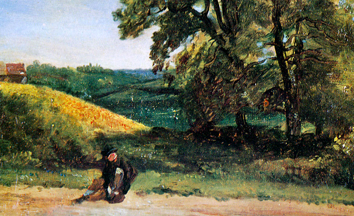 Painting of a traveler sitting on the edge of a dirt road