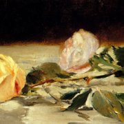 Oil painting of two roses on a tablecloth one is yellow the other is pink