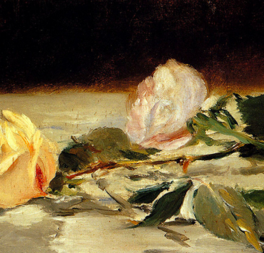 Oil painting of two roses on a tablecloth one is yellow the other is pink
