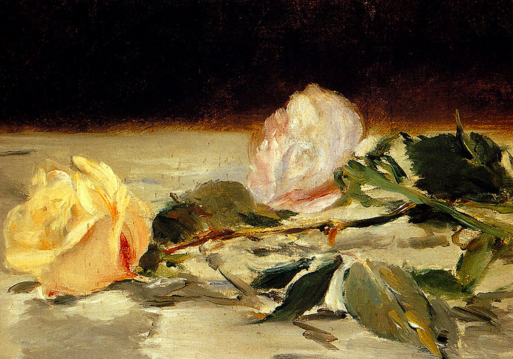 Oil painting of two roses on a tablecloth one is yellow the other is pink