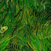 Impressionist painting of two white butterflies over green grass