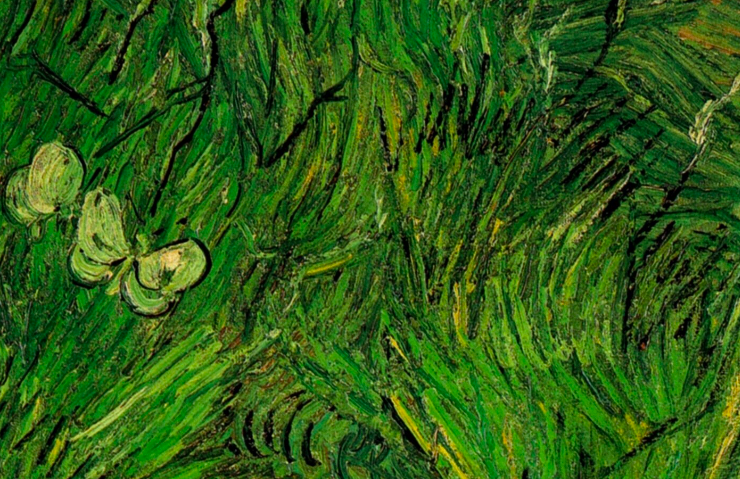 Impressionist painting of two white butterflies over green grass