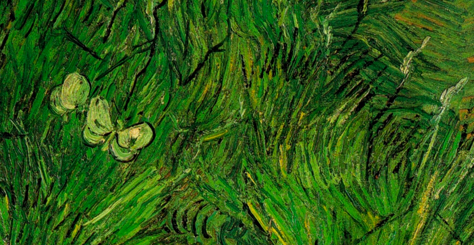 Impressionist painting of two white butterflies over green grass