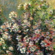 Impressionist painting of a vase of dogwood flowers