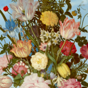 Still life painting of a vase of flowers in front of a window