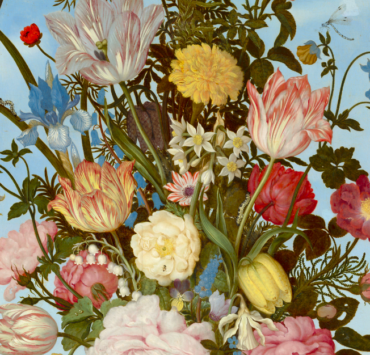 Still life painting of a vase of flowers in front of a window