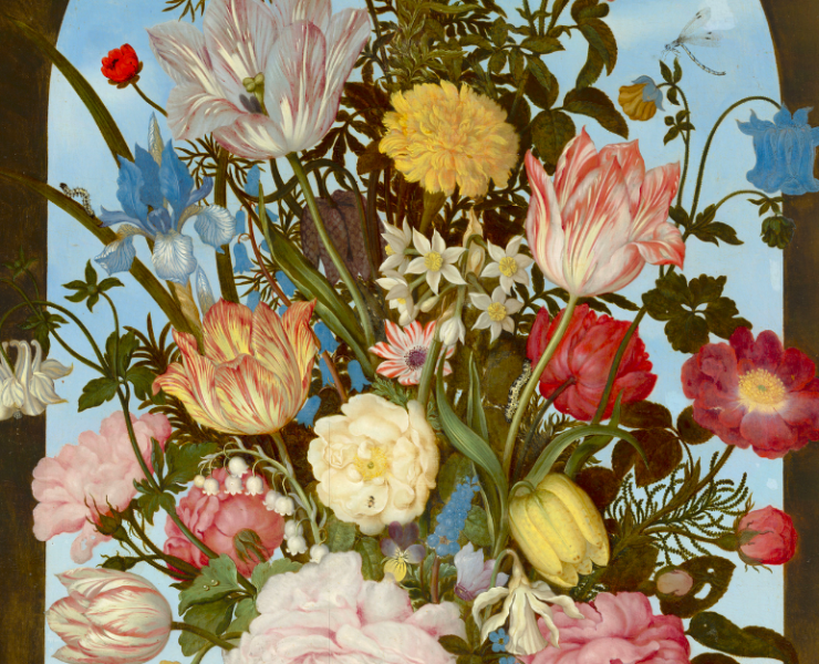 Still life painting of a vase of flowers in front of a window