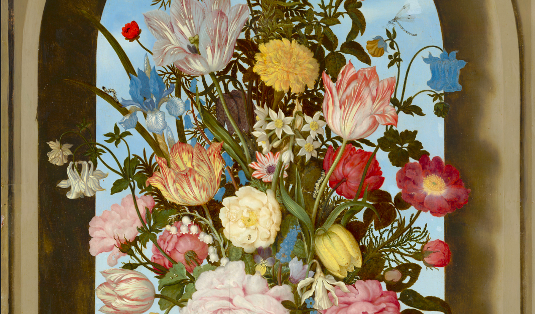 Still life painting of a vase of flowers in front of a window