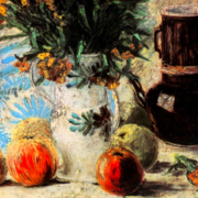 Impressionist painting of a vase with flowers, fruits and a coffeepot