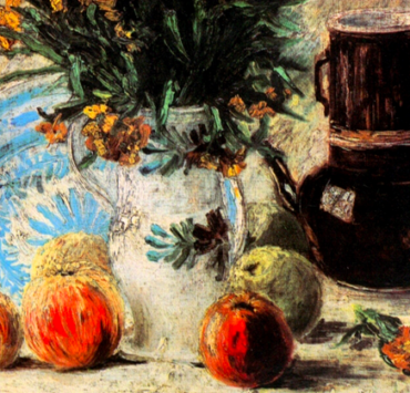 Impressionist painting of a vase with flowers, fruits and a coffeepot