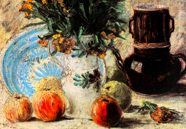 Impressionist painting of a vase with flowers, fruits and a coffeepot