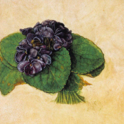 Painting of a small bouquet of purple violets on a beige background