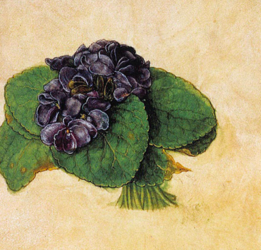 Painting of a small bouquet of purple violets on a beige background