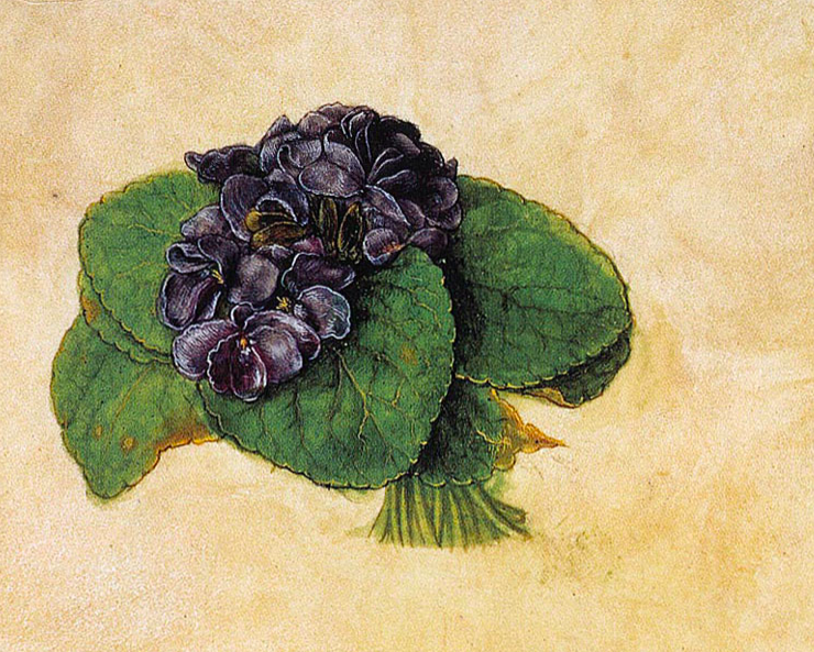 Painting of a small bouquet of purple violets on a beige background