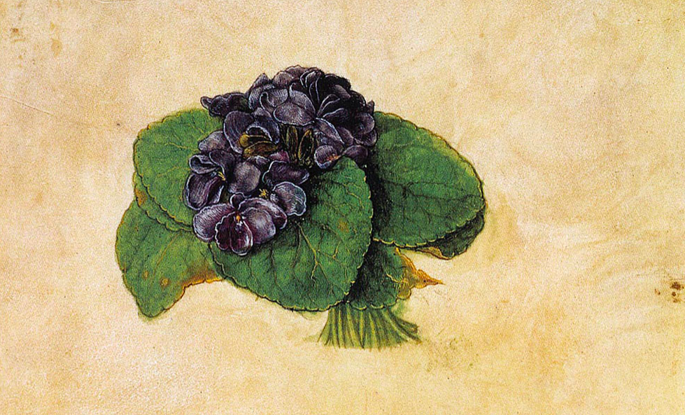 Painting of a small bouquet of purple violets on a beige background