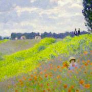 Impressionist painting of a meadow with orange flowers