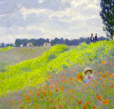 Impressionist painting of a meadow with orange flowers