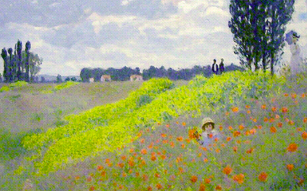 Impressionist painting of a meadow with orange flowers
