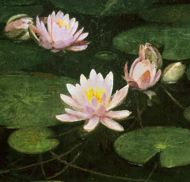 Painting of pink waterlilies on a dark lake