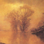 Orange toned painting of a hazy waterside landscape