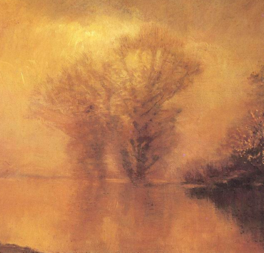 Orange toned painting of a hazy waterside landscape