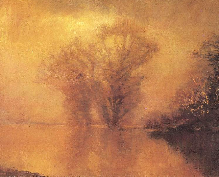 Orange toned painting of a hazy waterside landscape