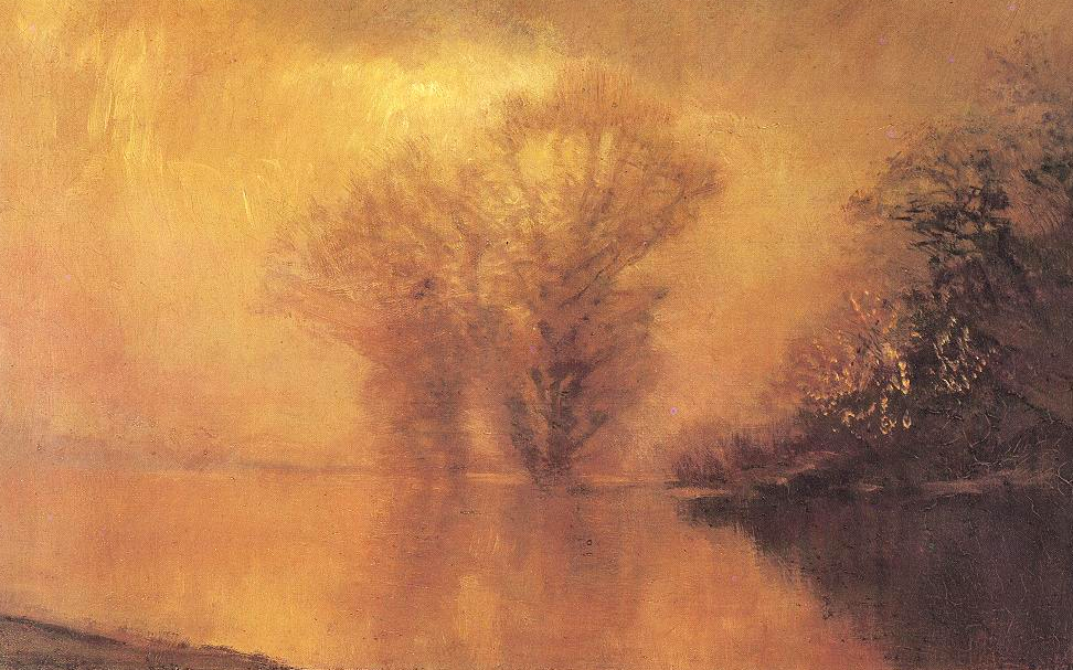 Orange toned painting of a hazy waterside landscape