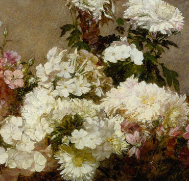 Painting of a bouquet of white and pink flowers