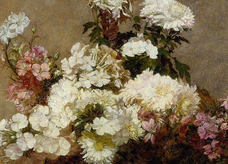 Painting of a bouquet of white and pink flowers