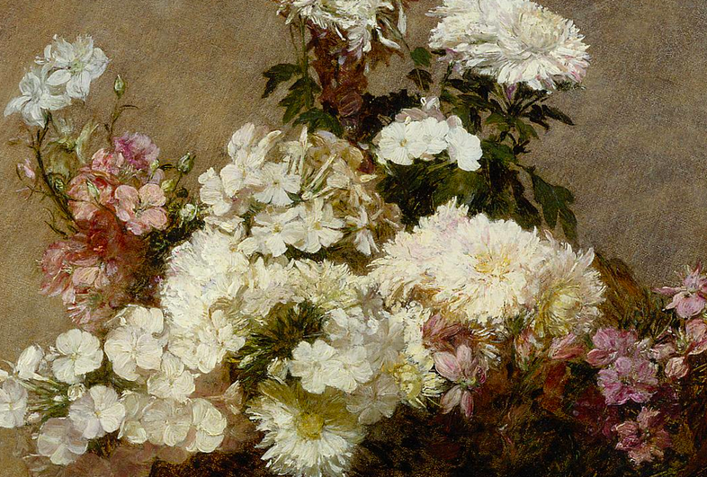 Painting of a bouquet of white and pink flowers