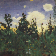 Oil painting of wild grass in front of a sunset