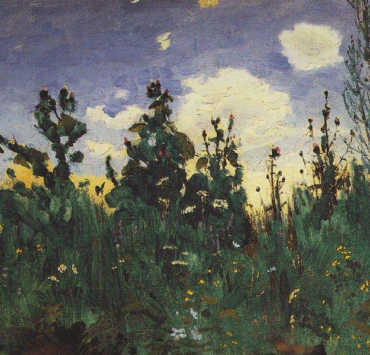 Oil painting of wild grass in front of a sunset