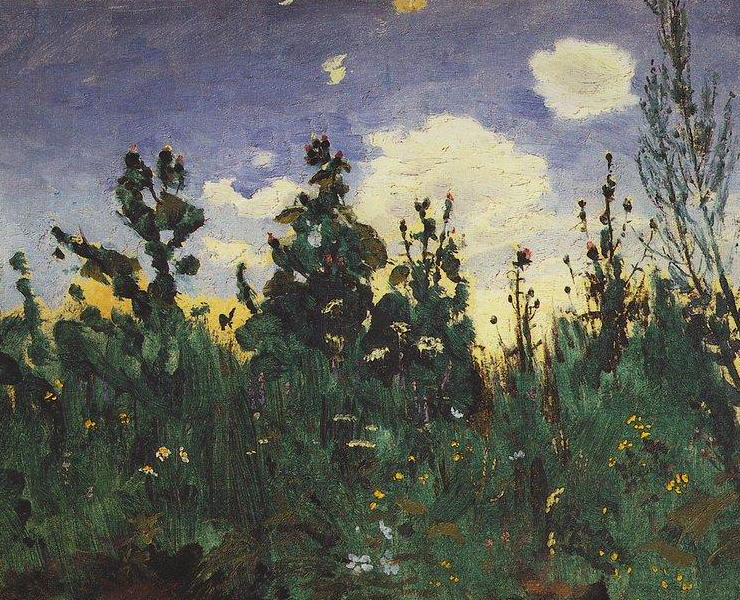 Oil painting of wild grass in front of a sunset