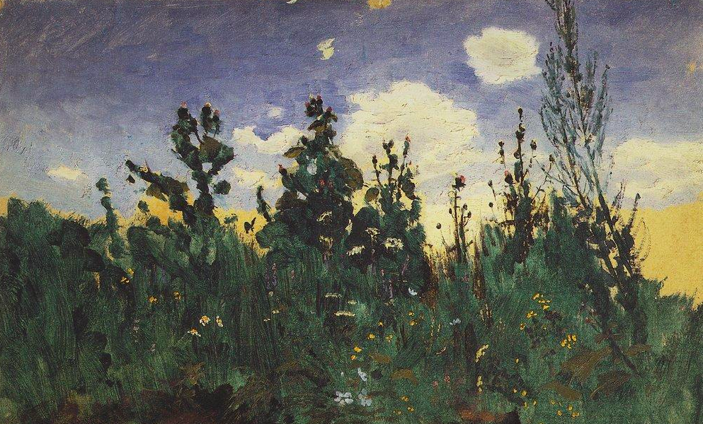 Oil painting of wild grass in front of a sunset