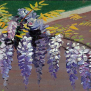 Oil painting of a branch of flowering purple wisteria