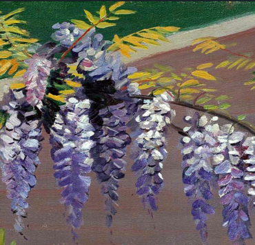 Oil painting of a branch of flowering purple wisteria