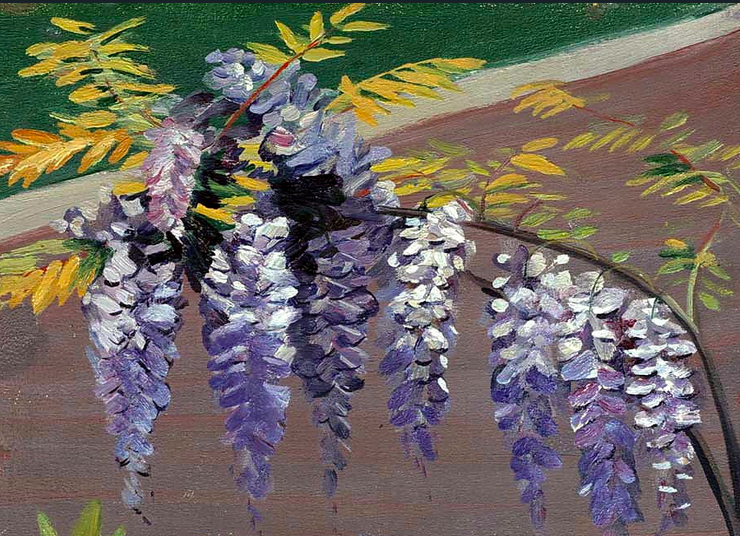 Oil painting of a branch of flowering purple wisteria