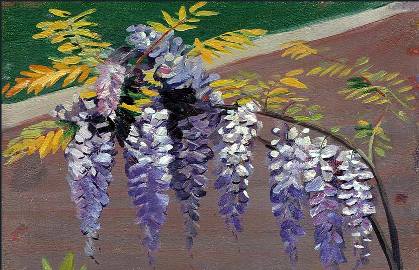 Oil painting of a branch of flowering purple wisteria