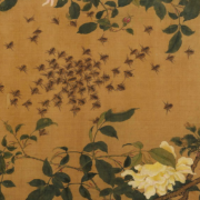 Chinese scroll depicting yellow roses and bees