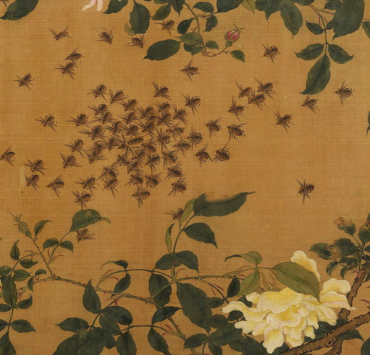 Chinese scroll depicting yellow roses and bees