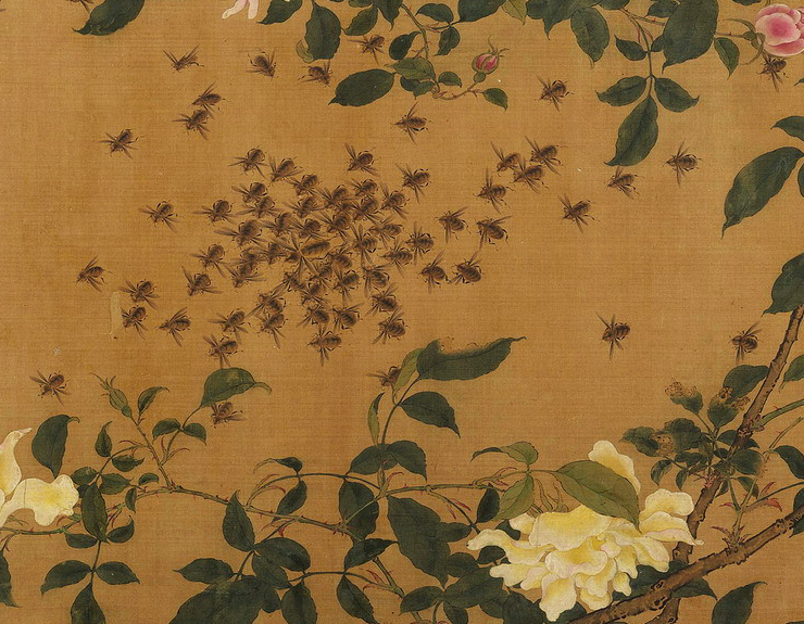 Chinese scroll depicting yellow roses and bees